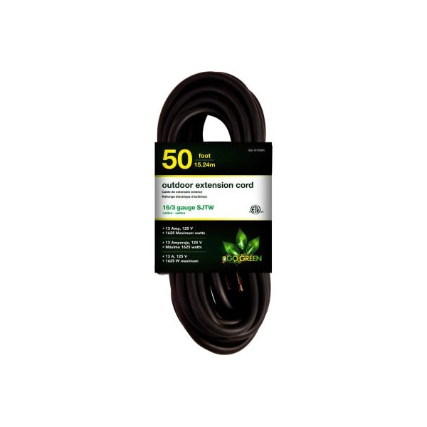 Gogreen SJTW Extension Cord, 16 AWG, Outdoor, 16/3, 1 Outlets, Black, 50 ft GG-13750BK - main